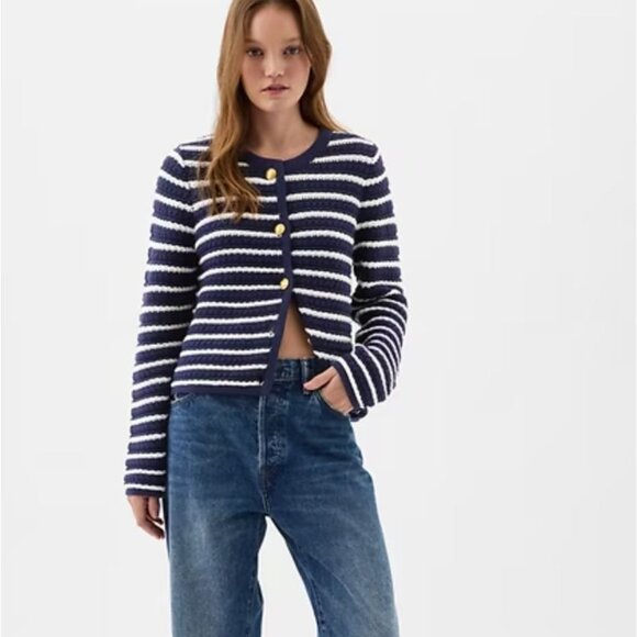 Gap Factory Lady Jacket Navy Blue Stripe Cotton Sweater Size M - Picture 1 of 7